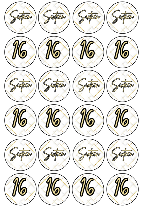 Edible Cupcake Toppers - 16th Black & Gold
