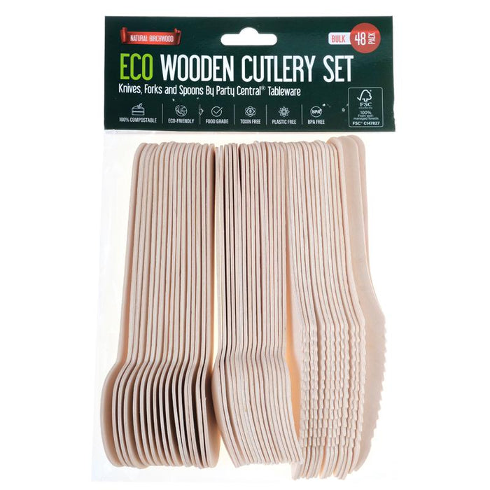 Eco-Friendly Wooden Mixed Cutlery Set - Includes Knife, Spoon, Fork - 48pk
