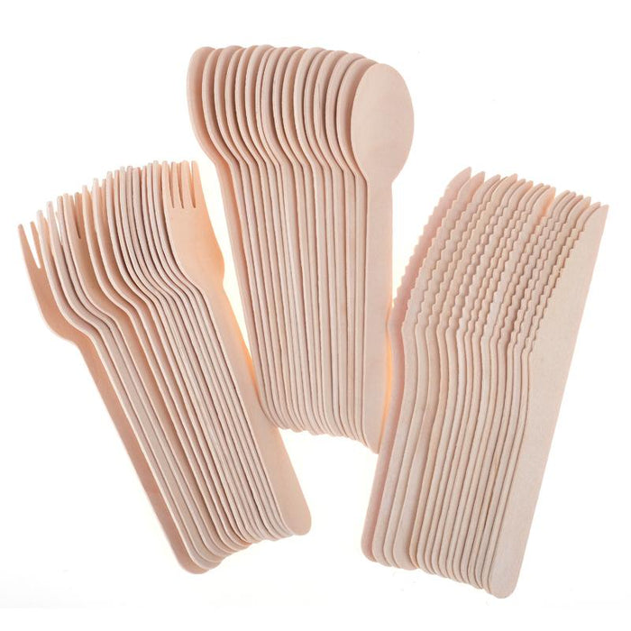 Eco-Friendly Wooden Mixed Cutlery Set - Includes Knife, Spoon, Fork - 48pk