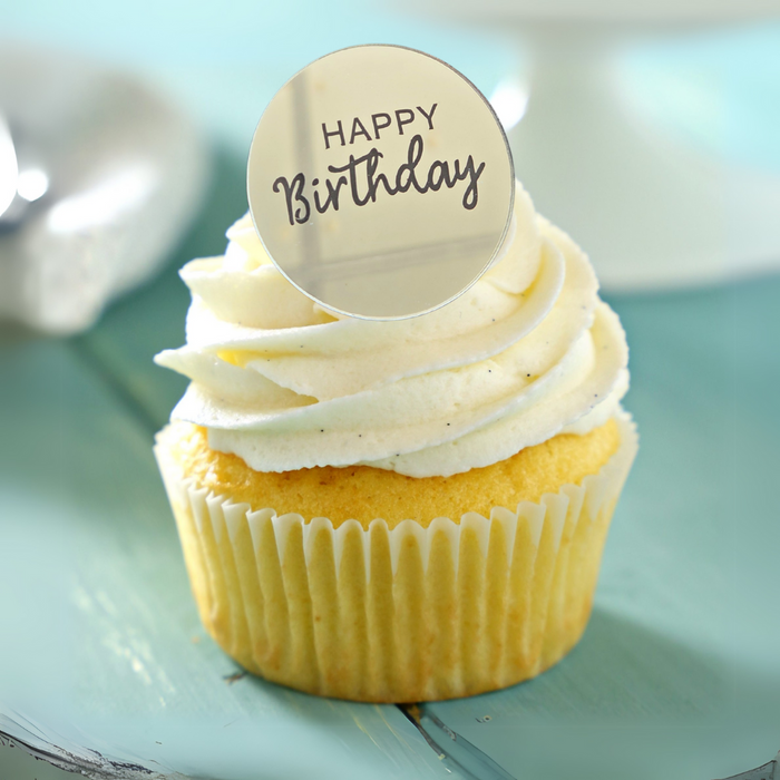 Happy Birthday Mirror Acrylic Disc Cake Topper 10pk Silver