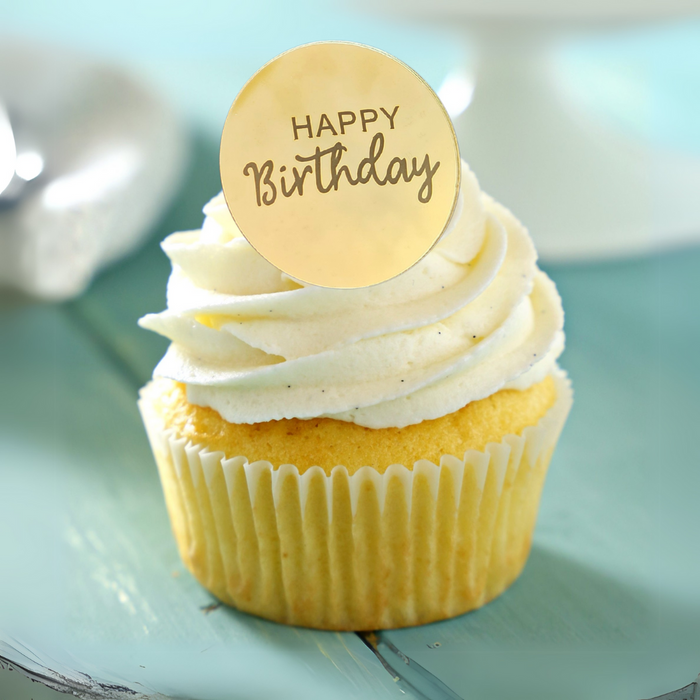 Happy Birthday Mirror Acrylic Disc Cake Topper 10pk Gold
