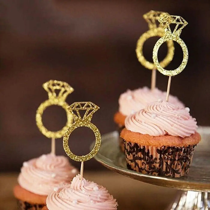 Gold Glitter Ring Cupcake Toppers 10pk