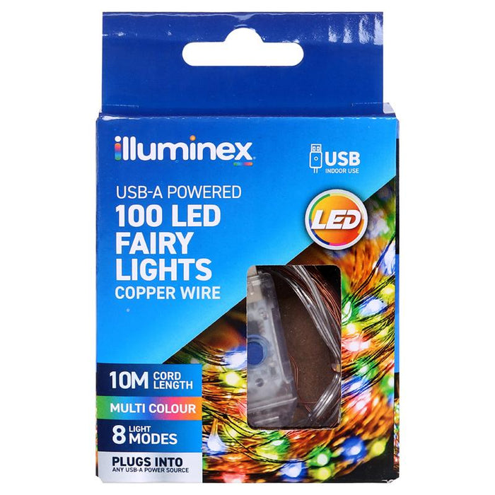 Illuminex Fairy Lights USB Operated 100 LED 10m Multi Colour 8 Functions Copper Wire