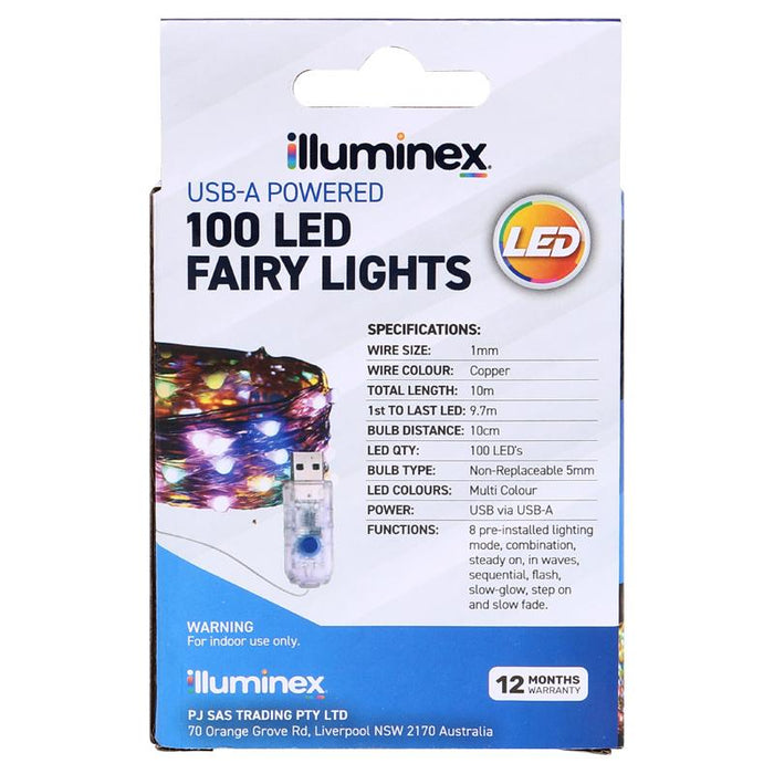 Illuminex Fairy Lights USB Operated 100 LED 10m Multi Colour 8 Functions Copper Wire