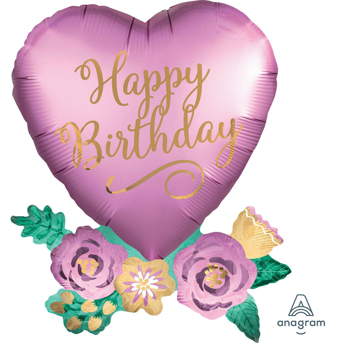 Happy Birthday Heart Flowers Supershape Foil Balloon