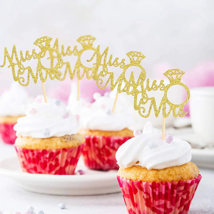 Miss to Mrs Glitter Cupcake Toppers - Gold 6pk