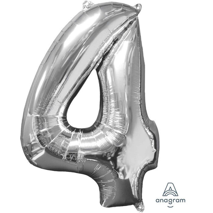 Mid-Size Shape Silver Numeral 4 - Foil Balloon