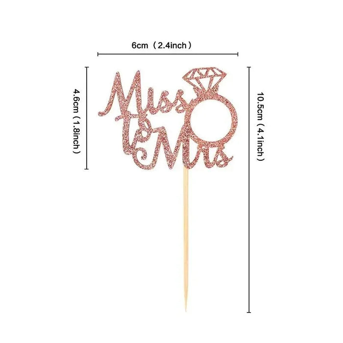 Miss to Mrs Glitter Cupcake Toppers - Rose Gold 6pk