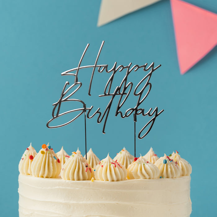 SILVER Metal Cake Topper - HAPPY BIRTHDAY 4