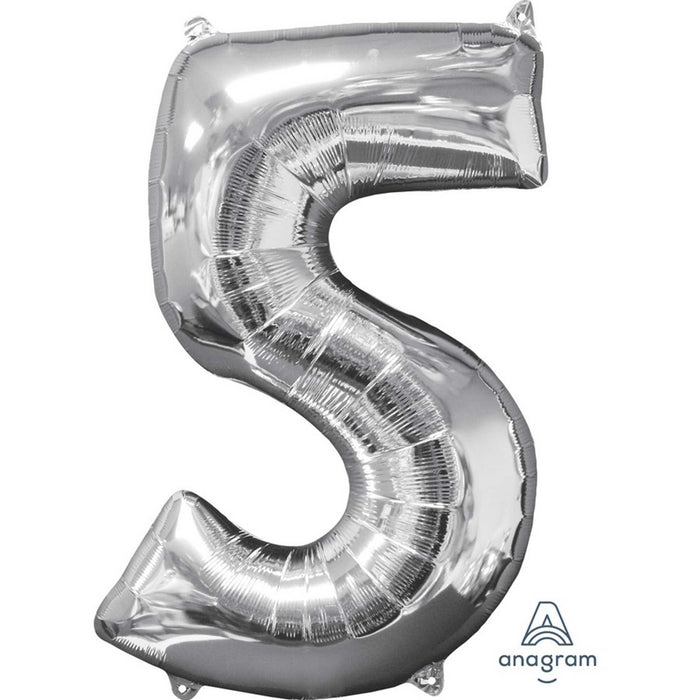 Mid-Size Shape Silver Numeral 5 - Foil Balloon