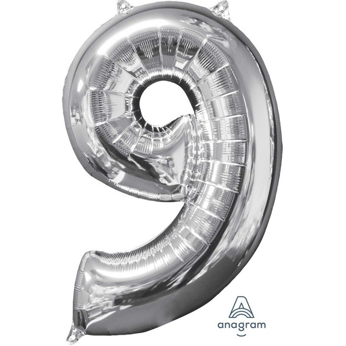 Mid-Size Shape Silver Numeral 9 - Foil Balloon