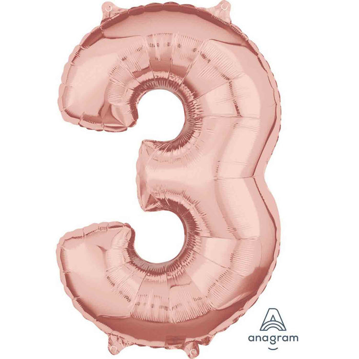 Mid-Size Shape Rose Gold Numeral 3 - Foil Balloon
