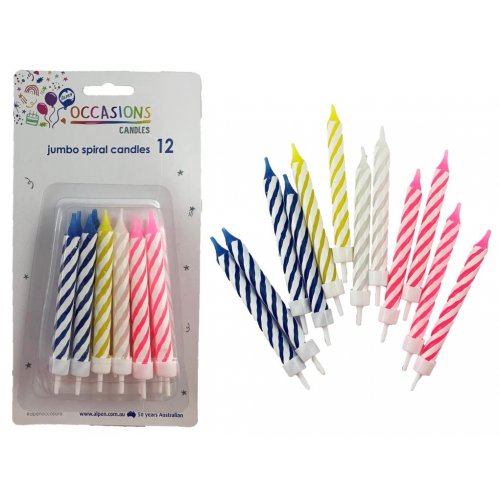 Birthday Candles Jumbo Spiral with holders 12pk