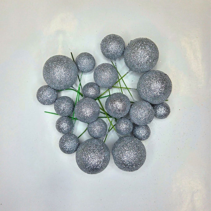 Cake Ball Toppers 20pc Mixed Sizes - Silver Glitter