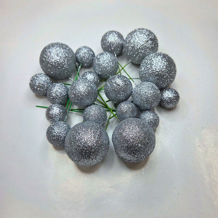 Cake Ball Toppers 20pc Mixed Sizes - Silver Glitter