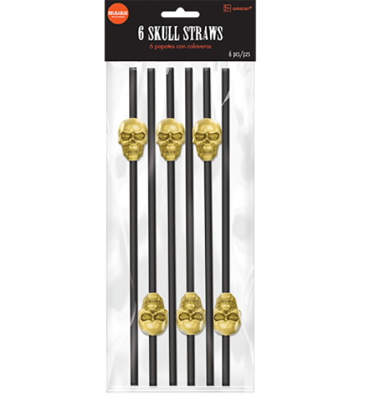 Black Straws with Gold Skull Shapes Reusable