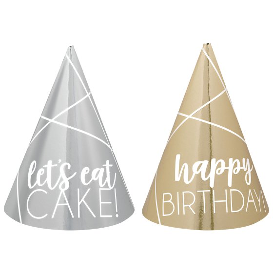 Party Mini Cone Hats Foil Silver & Gold 12pk