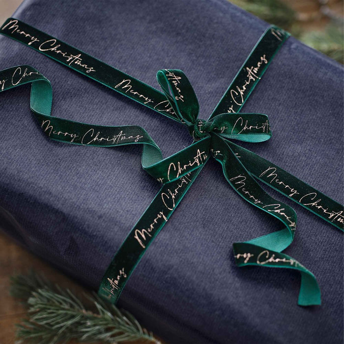 Velvet Luxe Green Velvet Merry Christmas Present Ribbon