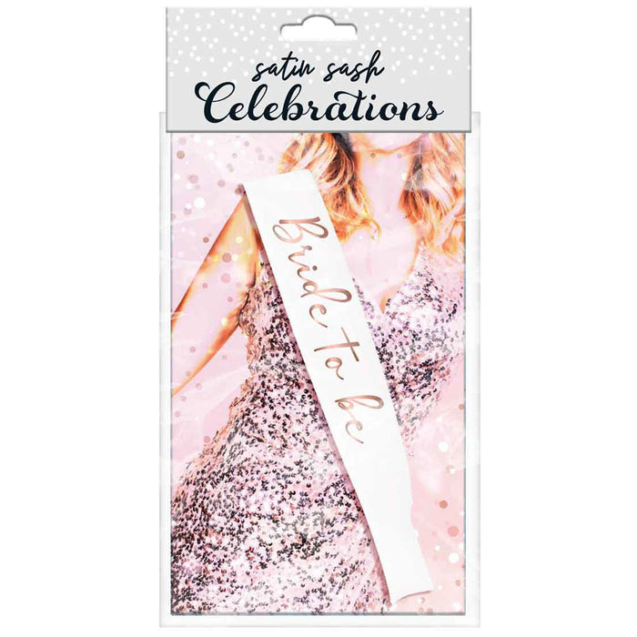 Bride To Be Party Gift Sash White w/ Rose Gold