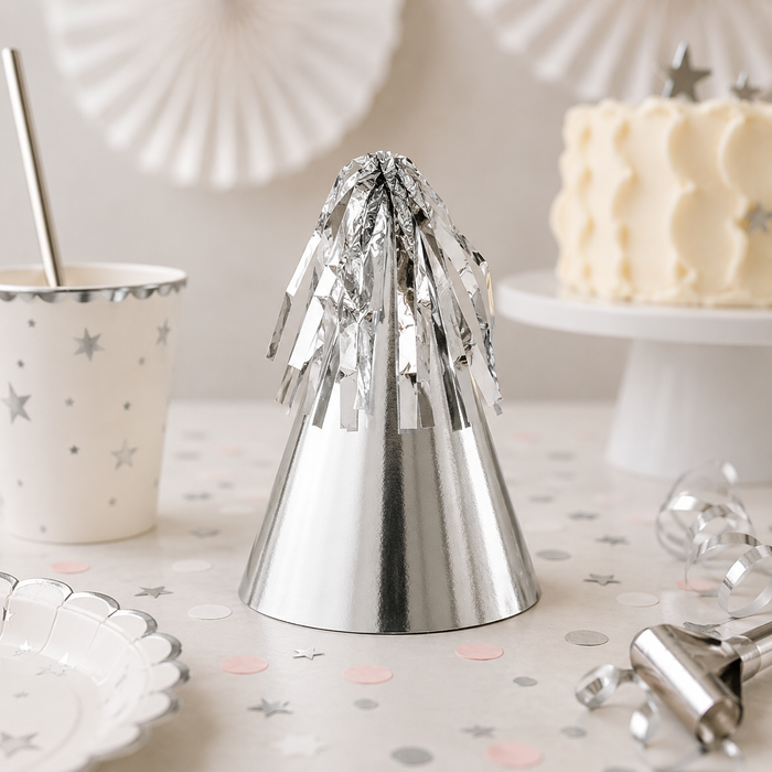 FiveStar Party Hat with Tassel Topper Metallic Silver 10pk
