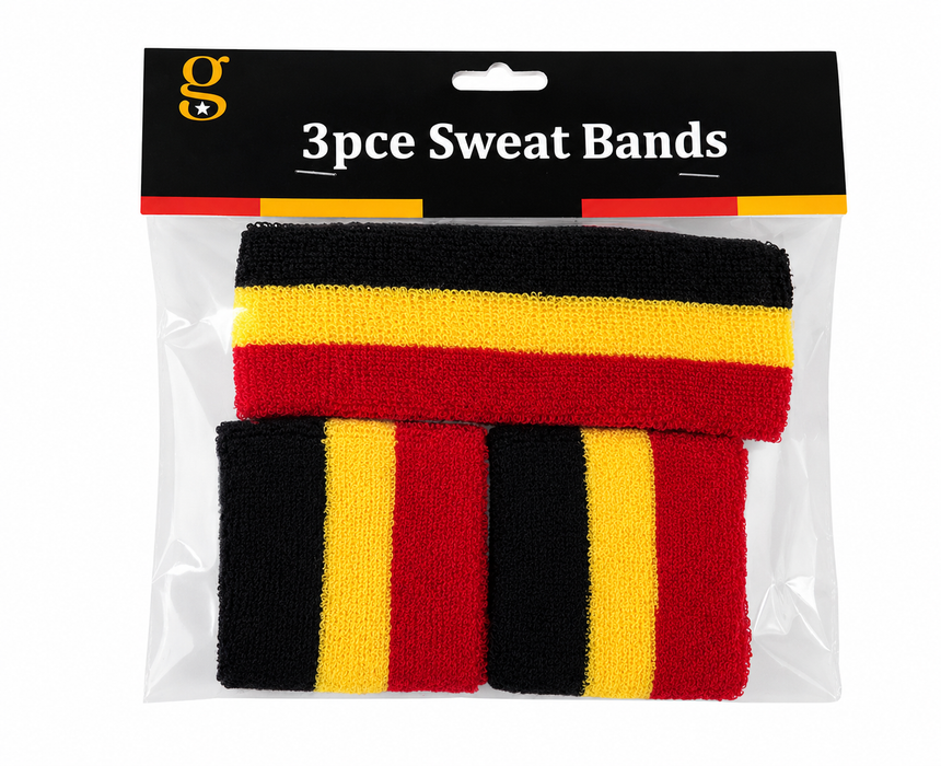 Red, Black & Yellow Striped Sweatbands - 3pk