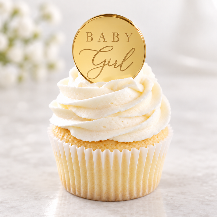 Baby Girl Gold Acrylic Disc Cupcake Toppers 10pc