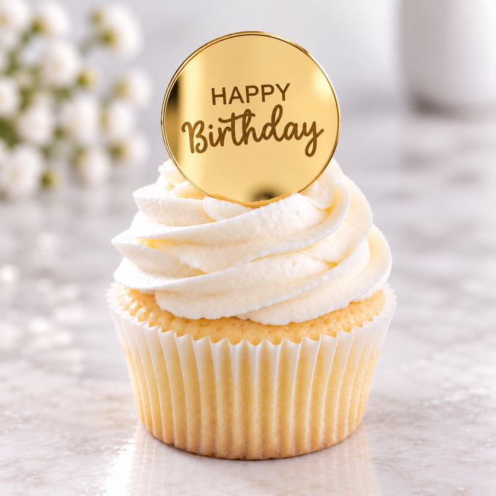 Happy Birthday Mirror Acrylic Disc Cake Topper 10pk Gold
