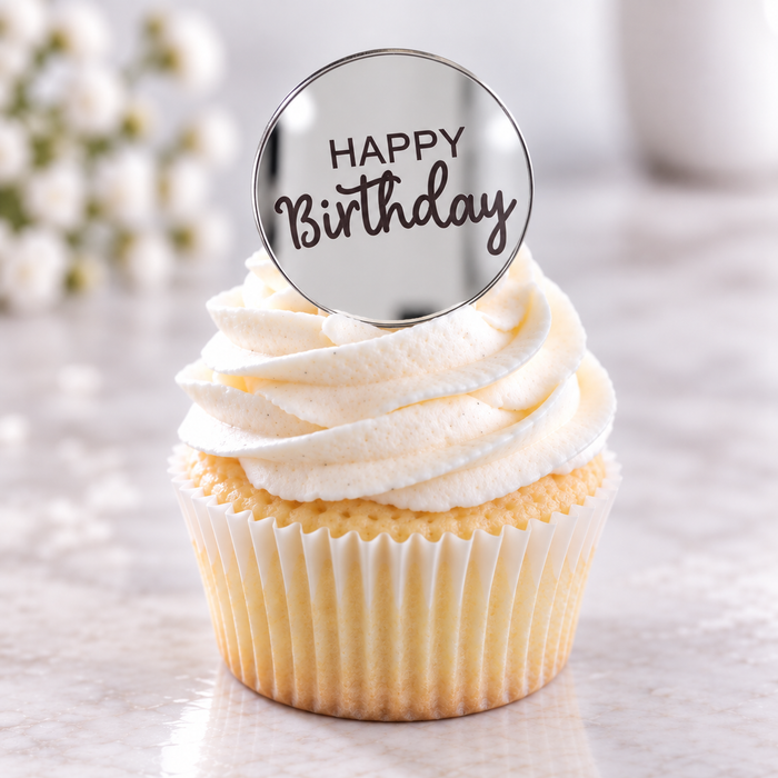 Happy Birthday Mirror Acrylic Disc Cake Topper 10pk Silver