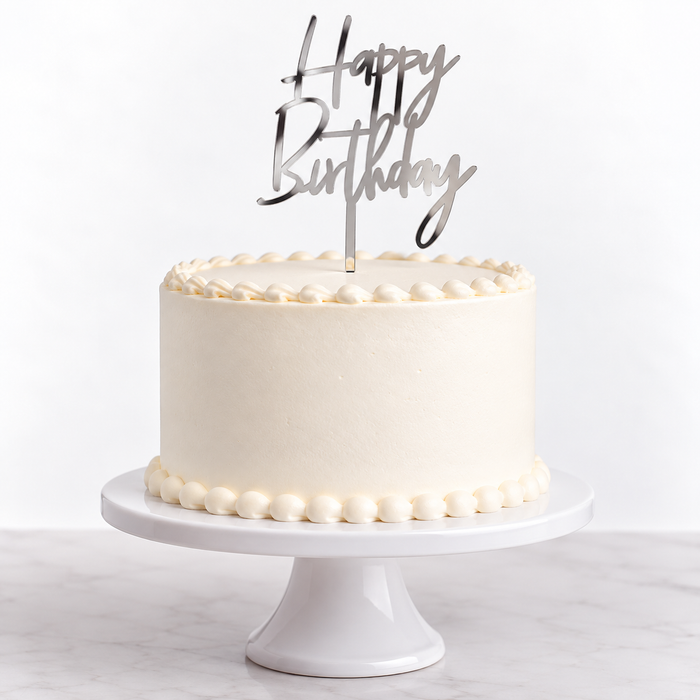 Happy Birthday Silver Thin Acrylic Cake Topper 10cm