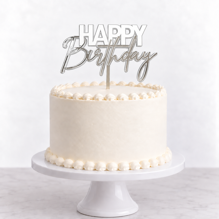 Happy Birthday Double Layer Cake Topper Silver