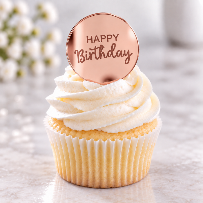 Happy Birthday Mirror Acrylic Disc Cake Topper 10pk Rose Gold