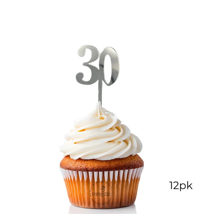 Acrylic Cupcake Toppers 12pk - Silver 30th