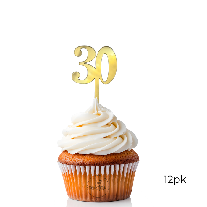 Acrylic Cupcake Toppers 12pk - Gold 30th