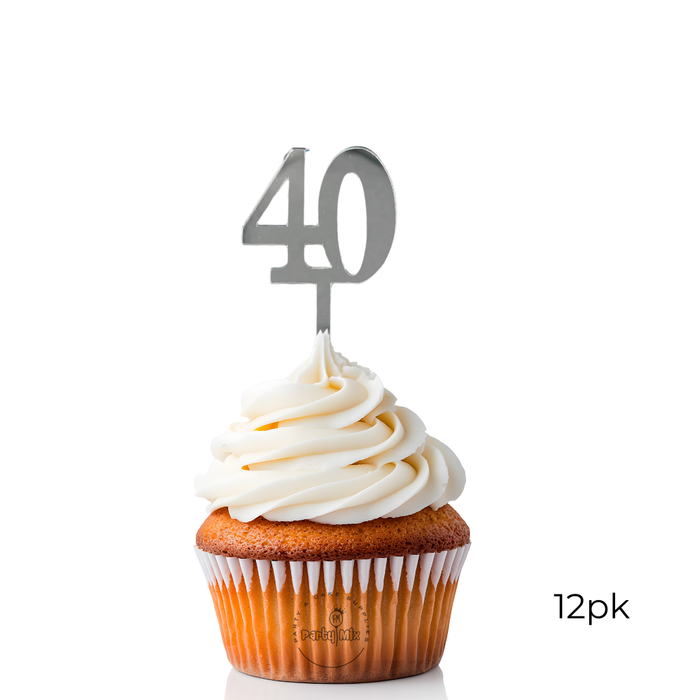 Acrylic Cupcake Toppers 12pk - Silver 40th
