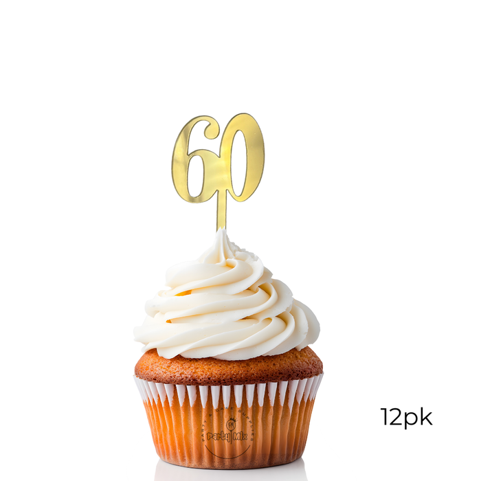 Acrylic Cupcake Toppers 12pk - Gold 60th