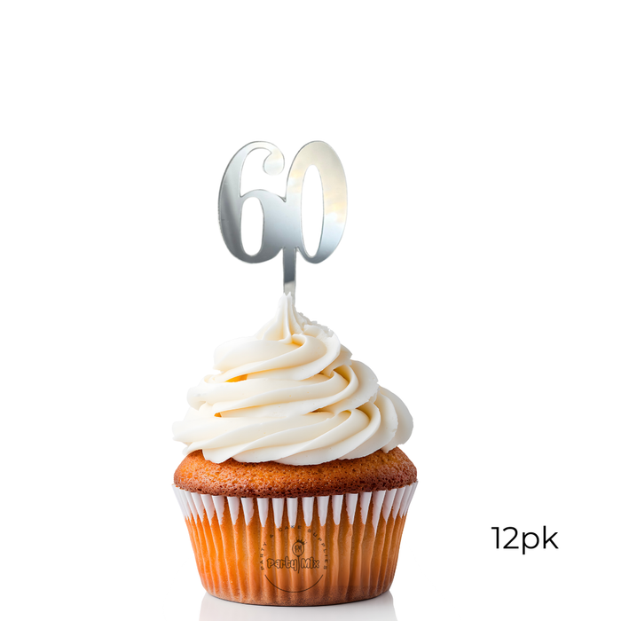Acrylic Cupcake Toppers 12pk - Silver 60th