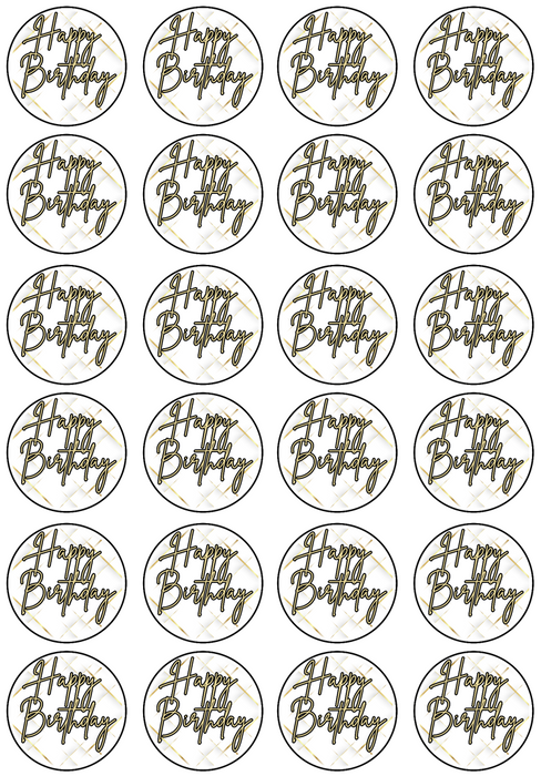 Edible Cupcake Toppers - Happy Birthday Black & Gold