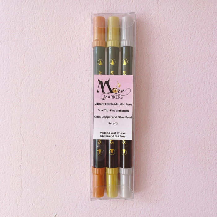 Vibrant Edible Metallic Pens - Set of 3 (Gold, Copper & Silver Pearl)