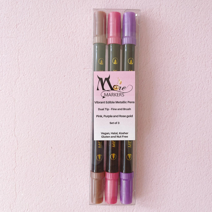 Vibrant Edible Metallic Pens - Set of 3 (Pink, Purple & Rose Gold)