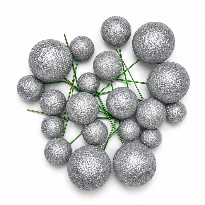 Cake Ball Toppers 20pc Mixed Sizes - Silver Glitter