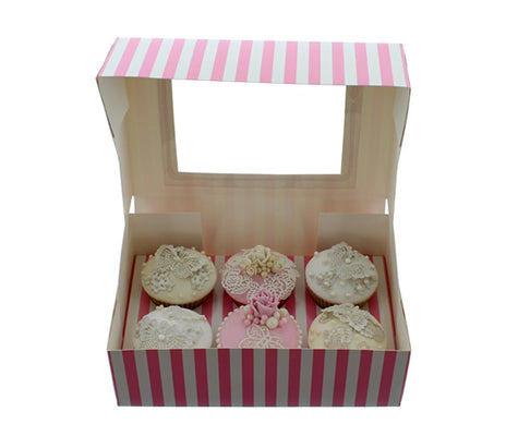 PINK & WHITE STRIPE Cupcake Box with PVC Window (holds 6 cupcakes)