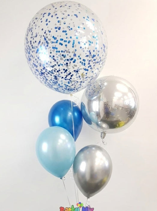 60cm Blue and Silver Confetti Balloon Bouquet