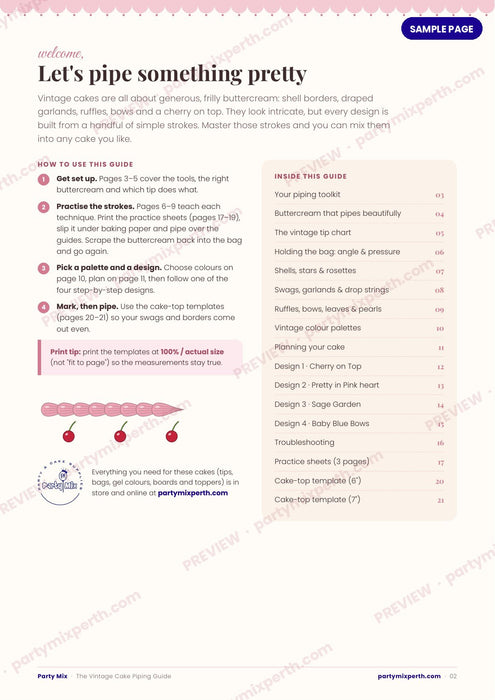 What's inside the vintage cake piping guide - contents page