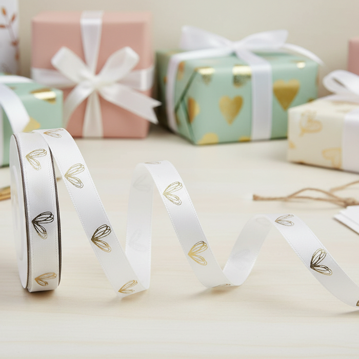 Gift boxes with ribbons and a roll of ribbon on a light surface