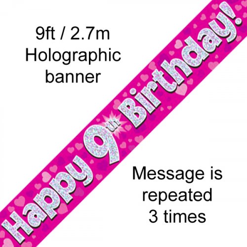Pink Holographic Happy 9th Birthday Banner 2.7m P1
