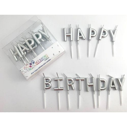 Happy Birthday Pick Candles Metallic Silver PVC Box
