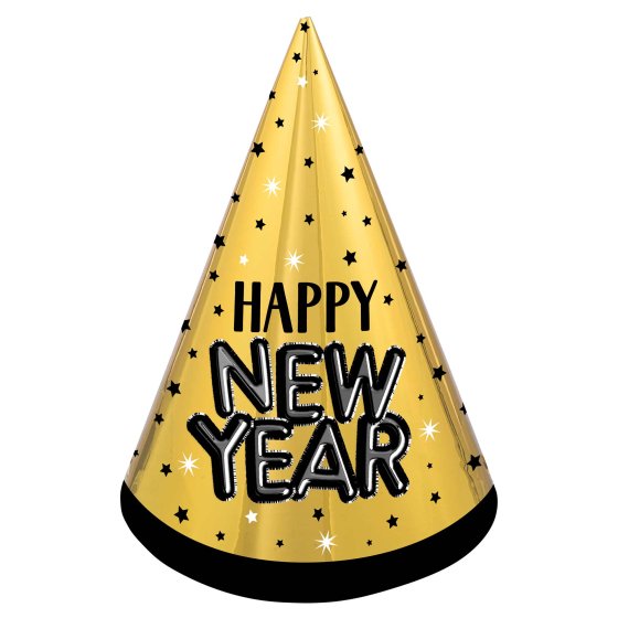 Happy New Year Cone Hat Black, Silver & Gold