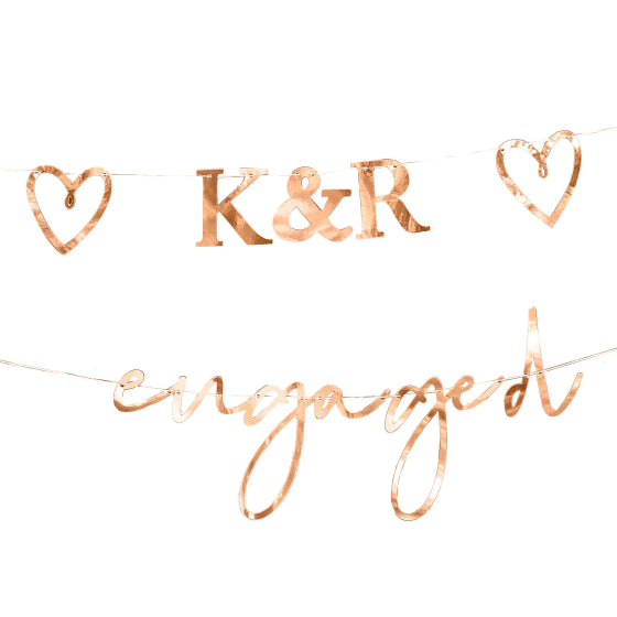 Engaged Bunting with Customisable Initials & Hearts Rose Gold