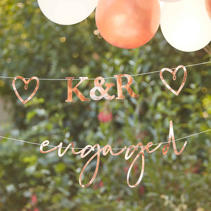 Engaged Bunting with Customisable Initials & Hearts Rose Gold