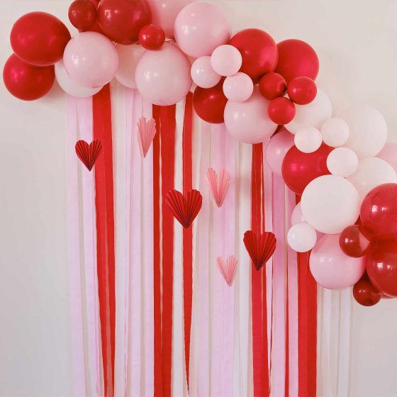 Be Mine Red & Pink Balloon Arch Party Backdrop with Streamers & Paper Heart Deco